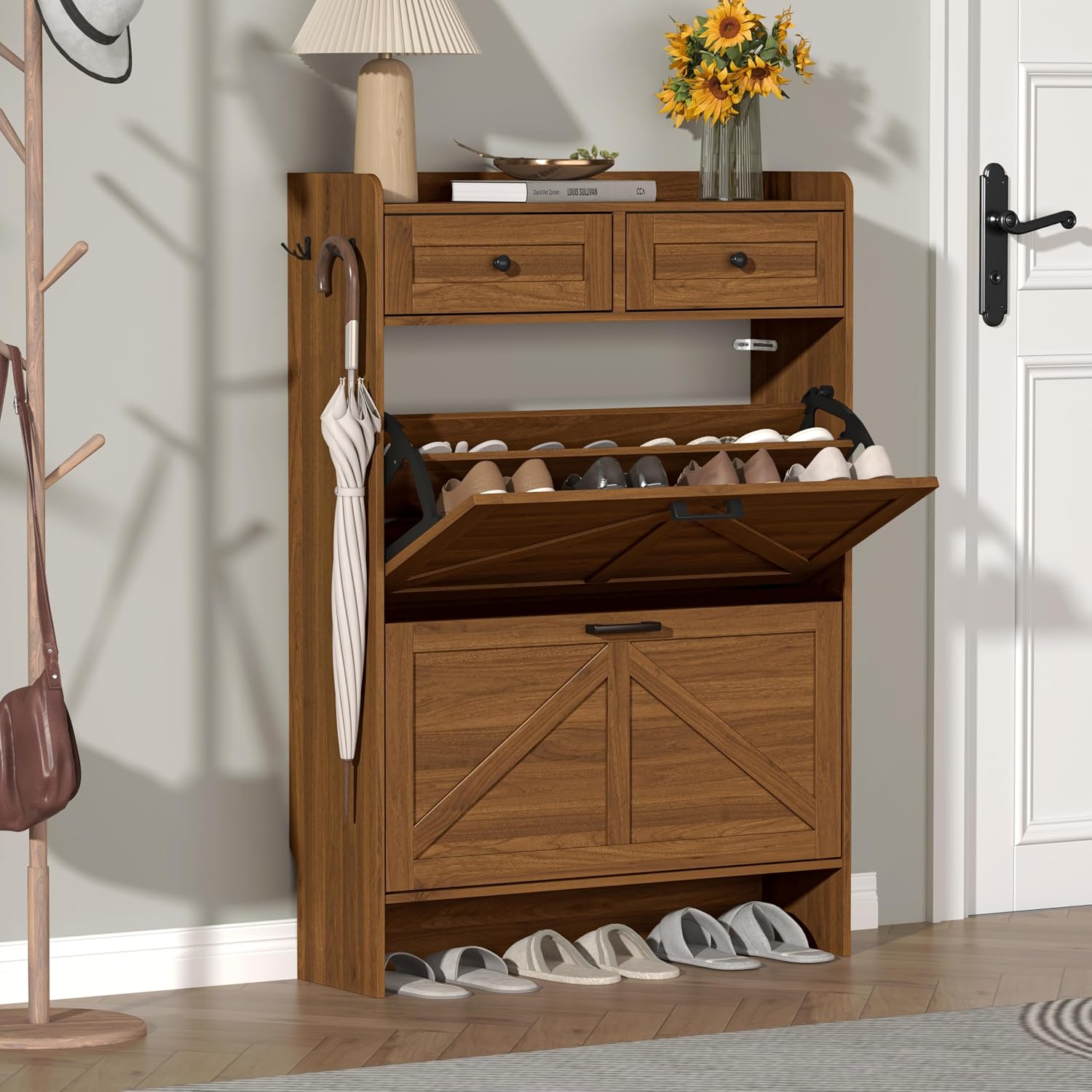 Szafka na buty z 2 szufladami  – Shoe Rack Cabinet Narrow Entryway recenzja i cena
